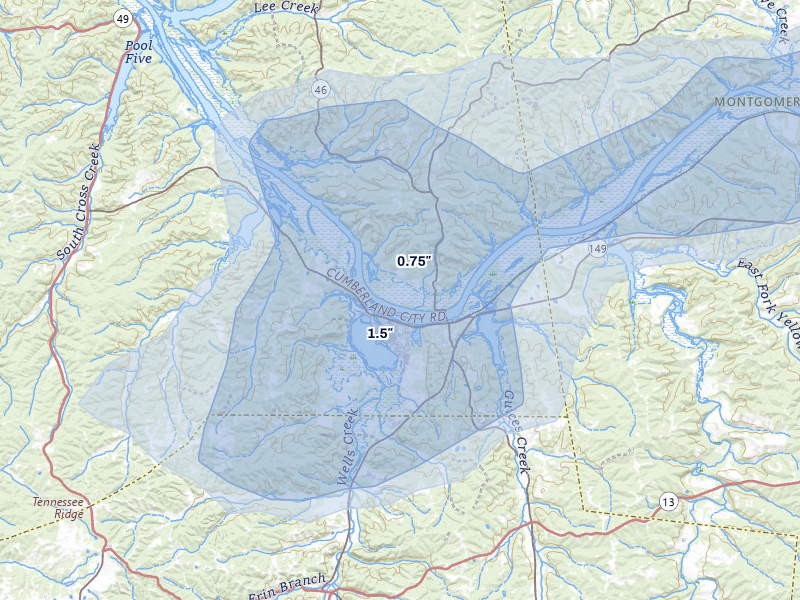 NEXRAD radar-signature map of the hail storm over Cumberland City, TN on Jun 9, 2026