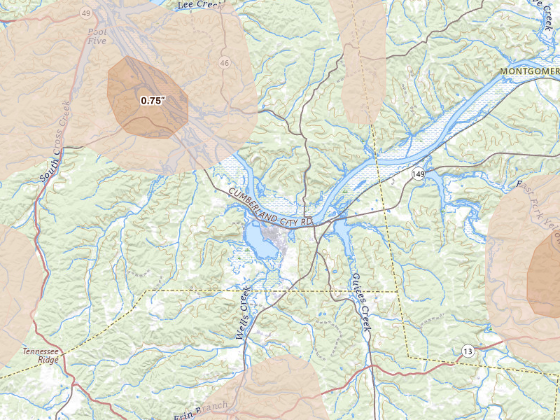 Radar-estimated hail-size map of the storm over Cumberland City, TN on Jul 2, 2026
