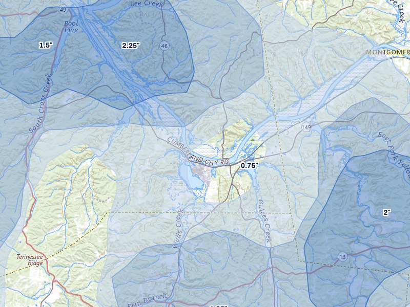 NEXRAD radar-signature map of the hail over Cumberland City, TN