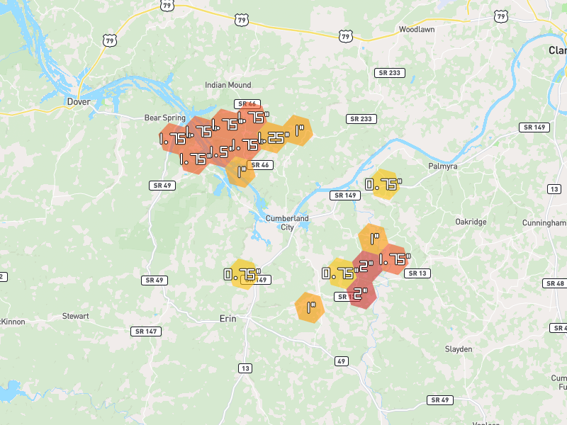 Hail map of Cumberland City, TN on Jul 2, 2026, hail up to 2"