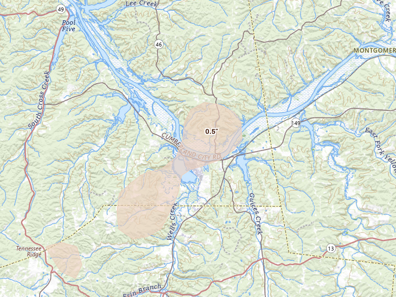 Radar-estimated hail-size map of the storm over Cumberland City, TN on Jul 5, 2026