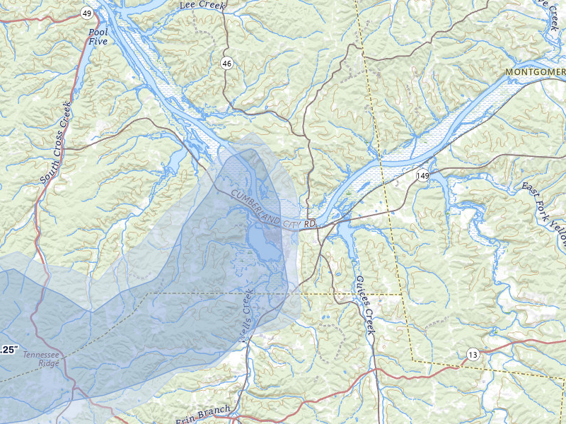 NEXRAD radar-signature map of the hail storm over Cumberland City, TN on Jul 5, 2026