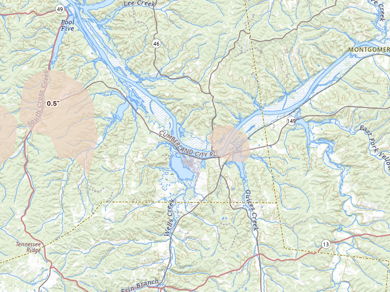 Radar-estimated hail-size map of the storm over Cumberland City, TN on Aug 8, 2026