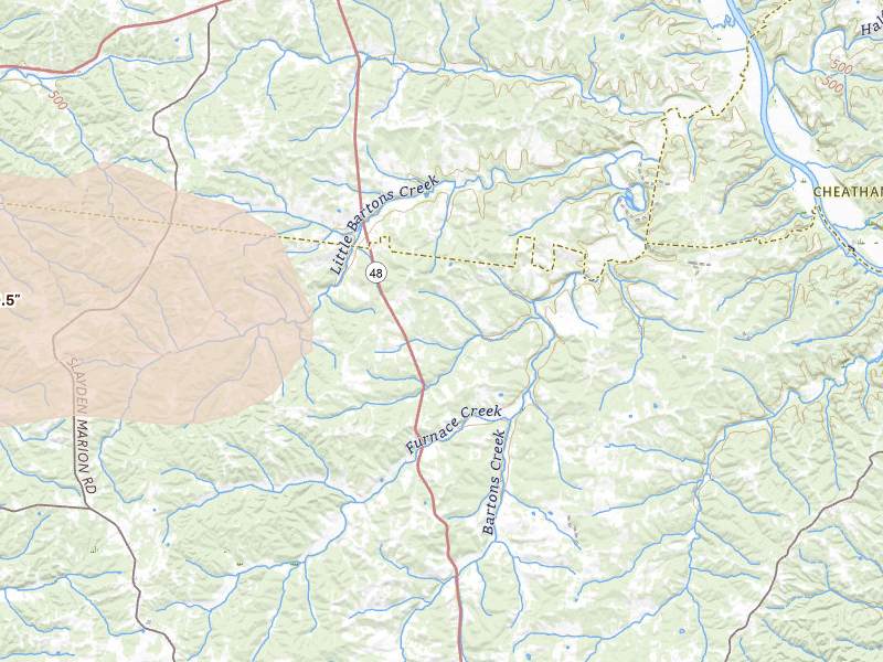 Radar-estimated hail-size map of the storm over Cumberland Furnace, TN on Apr 16, 2026