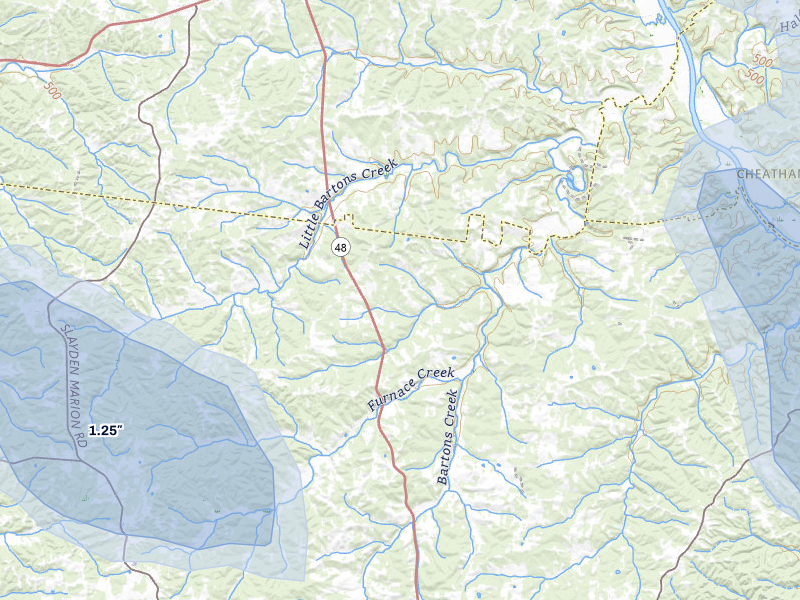 NEXRAD radar-signature map of the hail storm over Cumberland Furnace, TN on May 31, 2026