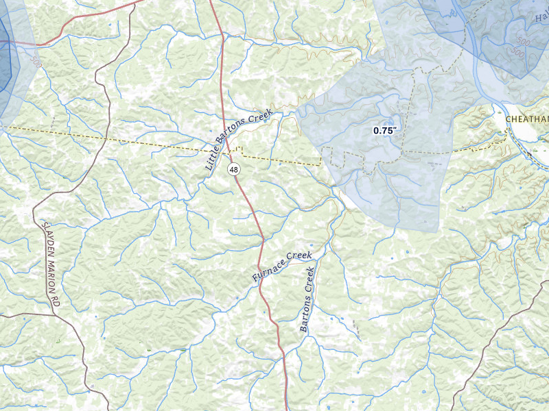 NEXRAD radar-signature map of the hail over Cumberland Furnace, TN