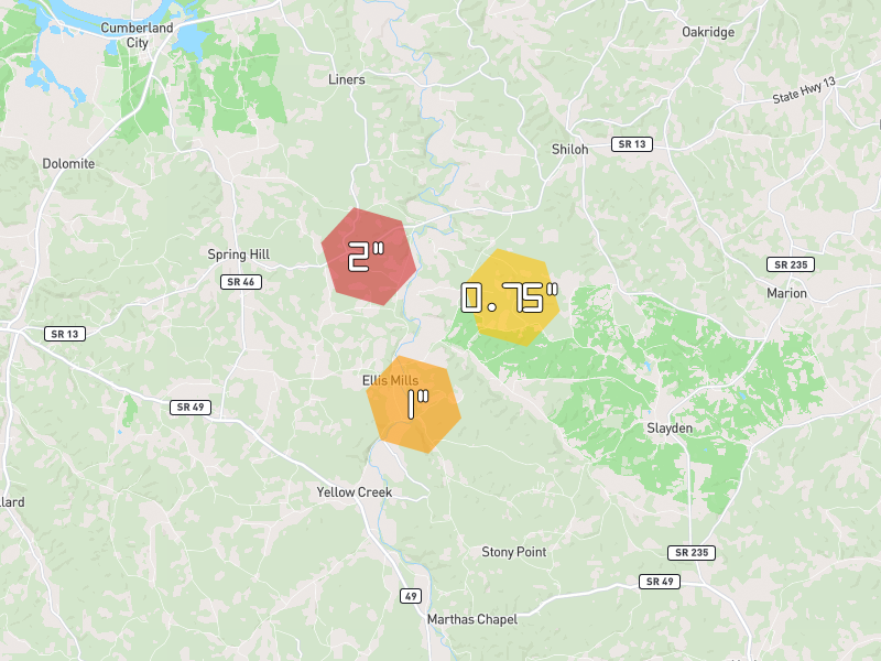 Hail map of Cumberland Furnace, TN on Jul 2, 2026, hail up to 2"