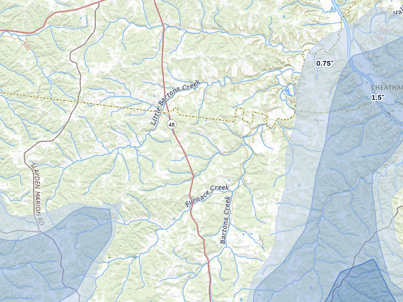 NEXRAD radar-signature map of the hail storm over Cumberland Furnace, TN on Jul 3, 2026