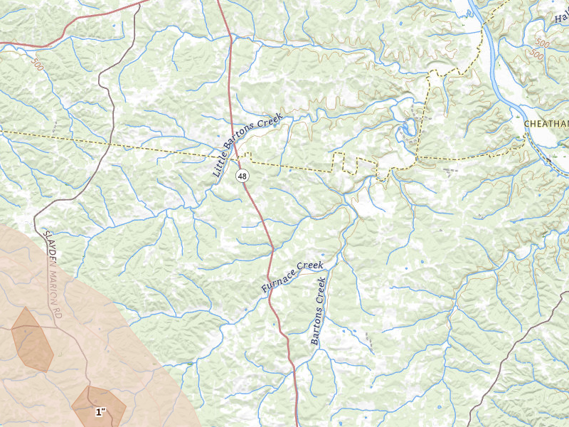Radar-estimated hail-size map of the storm over Cumberland Furnace, TN on Jul 21, 2026