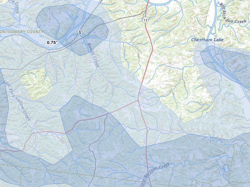 NEXRAD radar-signature map of the hail over Cunningham, TN