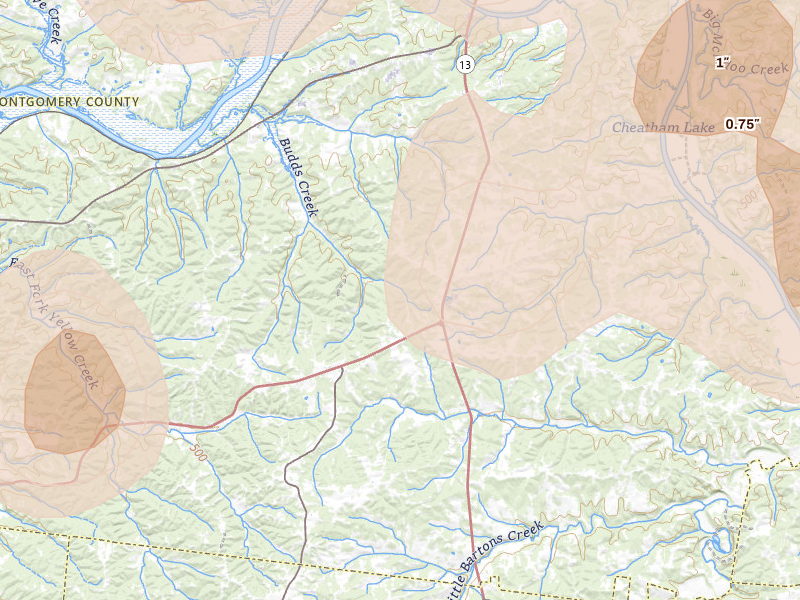 Radar-estimated hail-size map of the storm over Cunningham, TN on Jul 2, 2026