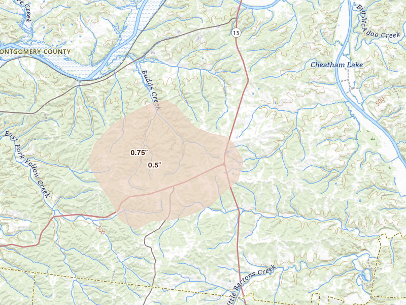 Radar-estimated hail-size map of the storm over Cunningham, TN on Jul 5, 2026