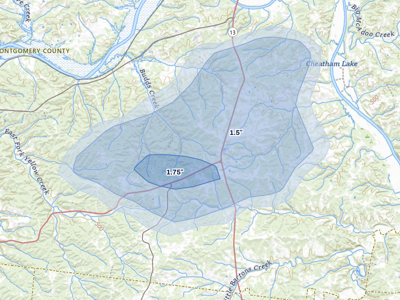 NEXRAD radar-signature map of the hail over Cunningham, TN
