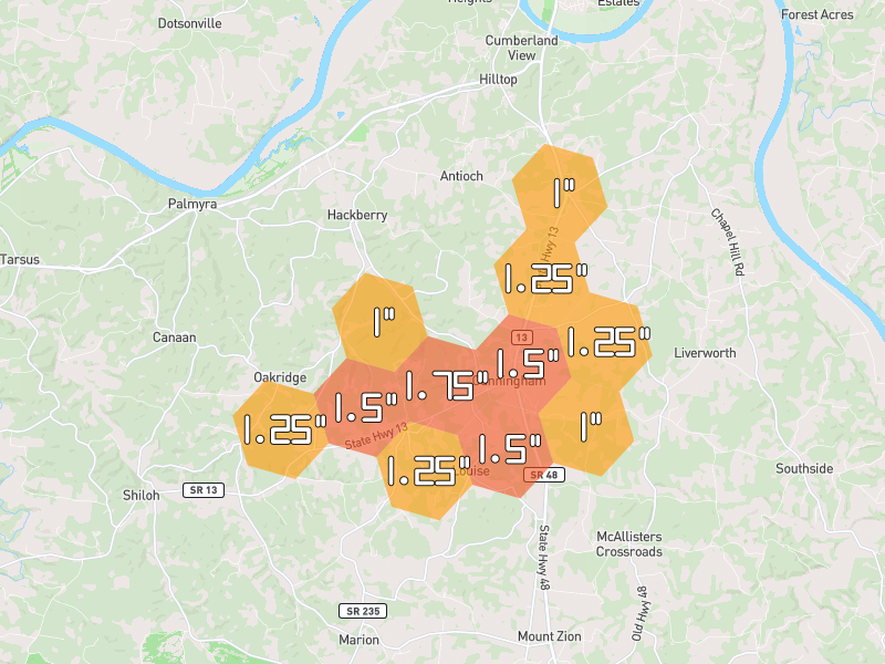 Hail map of Cunningham, TN on Jul 5, 2026, hail up to 1.75"