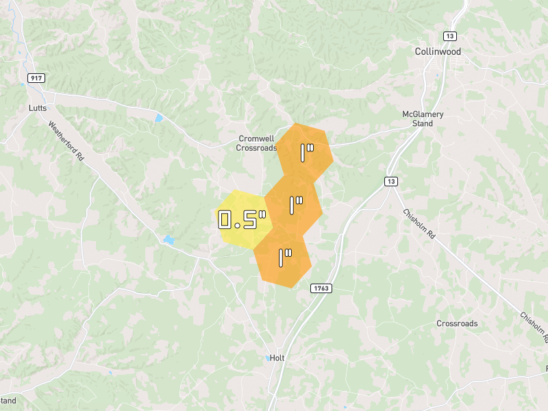 Hail map of Cypress Inn, TN on Jul 3, 2026, hail up to 1"