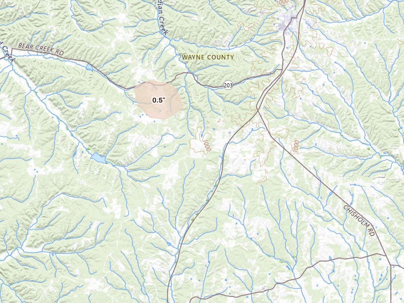 Radar-estimated hail-size map of the storm over Cypress Inn, TN on Jul 19, 2026