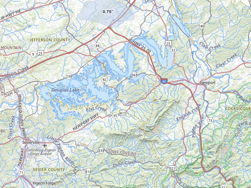 NEXRAD radar-signature map of the hail storm over Dandridge, TN on Jul 11, 2026
