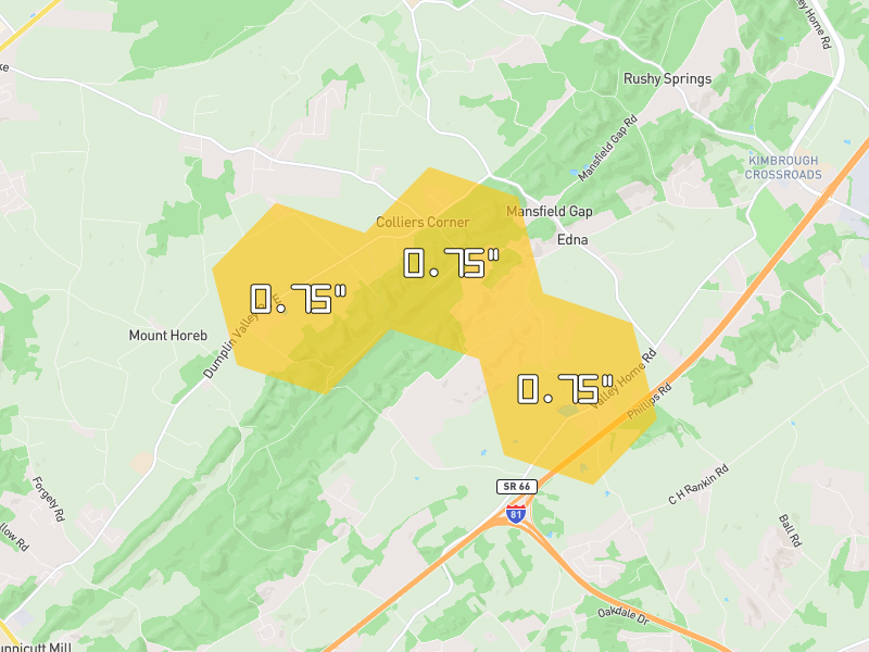Hail map of Dandridge, TN on Jul 12, 2026, hail up to 0.75"