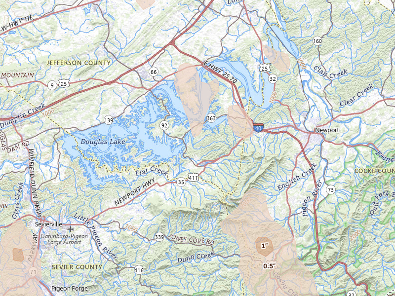 Radar-estimated hail-size map of the storm over Dandridge, TN on Jul 28, 2026