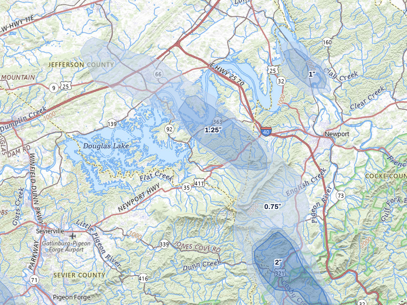 NEXRAD radar-signature map of the hail storm over Dandridge, TN on Jul 28, 2026
