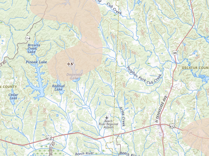 Radar-estimated hail-size map of the storm over Darden, TN on Jul 9, 2026
