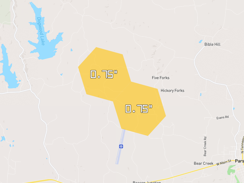 Hail map of Darden, TN on Jul 22, 2026, hail up to 0.75"