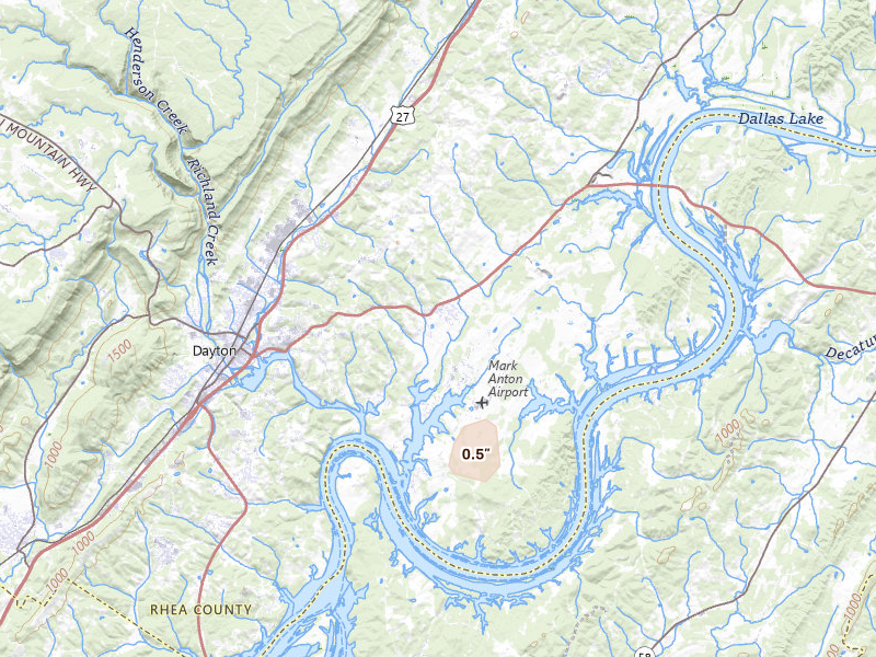 Radar-estimated hail-size map of the storm over Dayton, TN on Apr 27, 2026