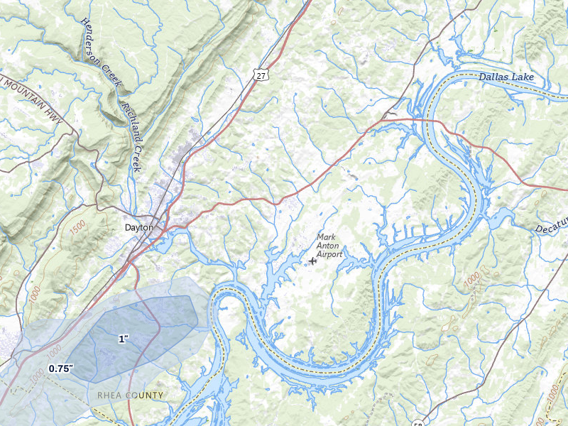 NEXRAD radar-signature map of the hail over Dayton, TN