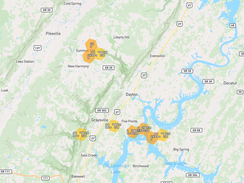 Hail map of Dayton, TN on Jul 3, 2026, hail up to 1.25"