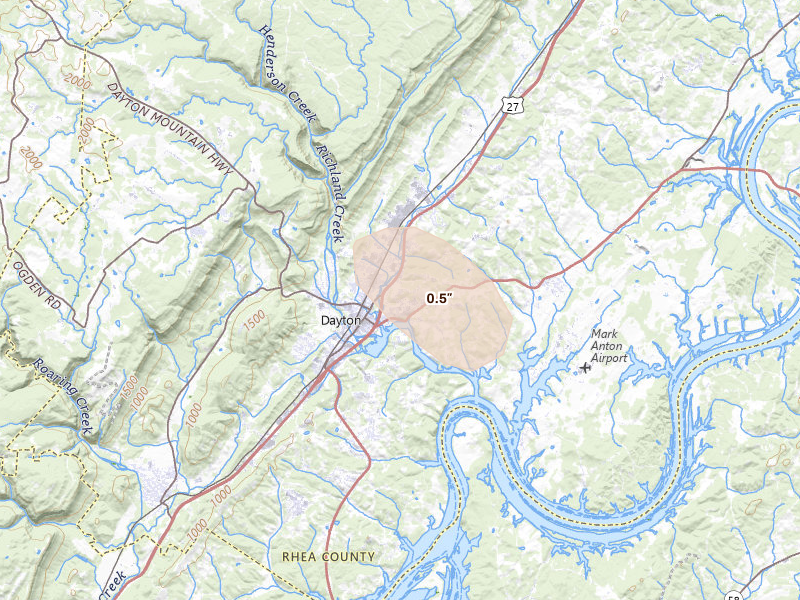 Radar-estimated hail-size map of the storm over Dayton, TN on Aug 11, 2026