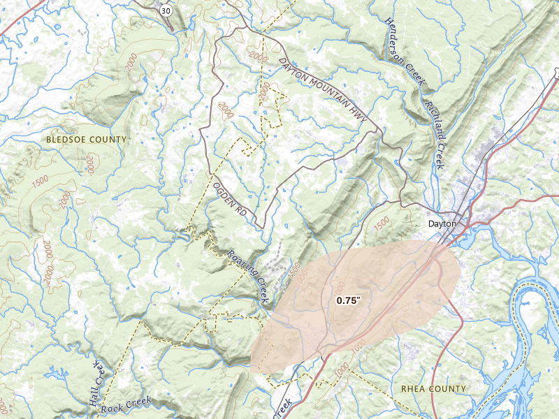 Radar-estimated hail-size map of the storm over Dayton, TN on Aug 20, 2026