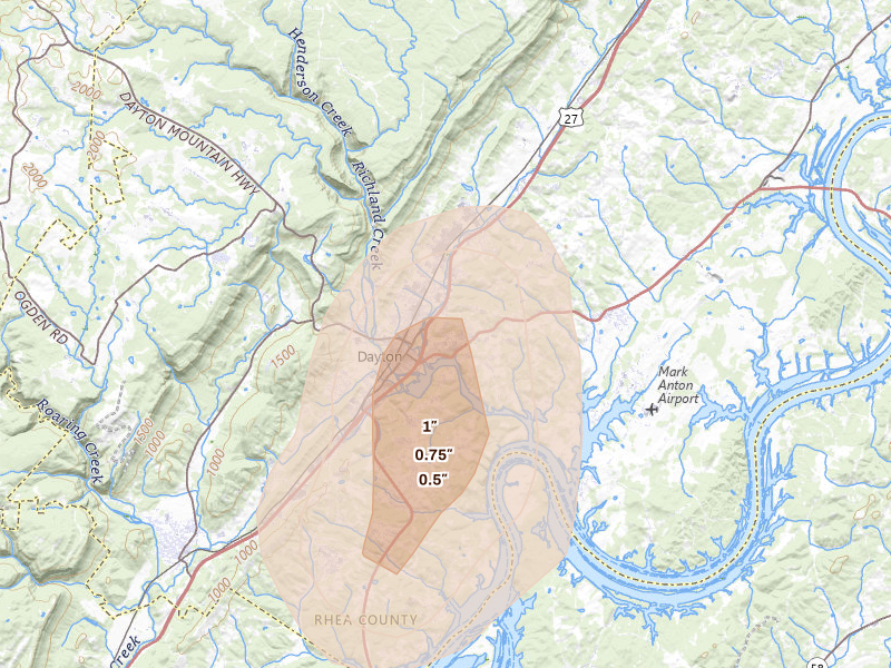 Radar-estimated hail-size map of the storm over Dayton, TN