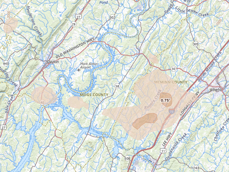 Radar-estimated hail-size map of the storm over Decatur, TN on Jul 3, 2026