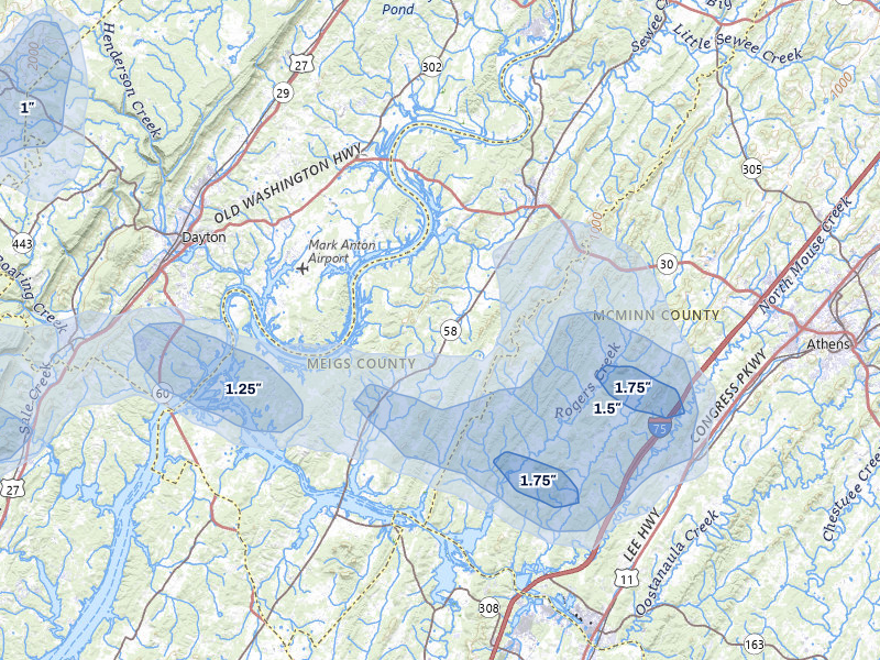 NEXRAD radar-signature map of the hail storm over Decatur, TN on Jul 3, 2026