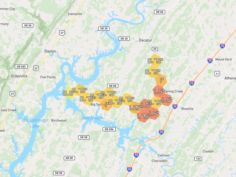 Hail map of Decatur, TN on Jul 3, 2026, hail up to 1.75"