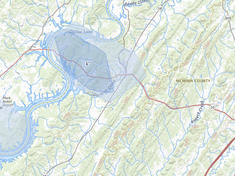 NEXRAD radar-signature map of the hail storm over Decatur, TN on Aug 11, 2026
