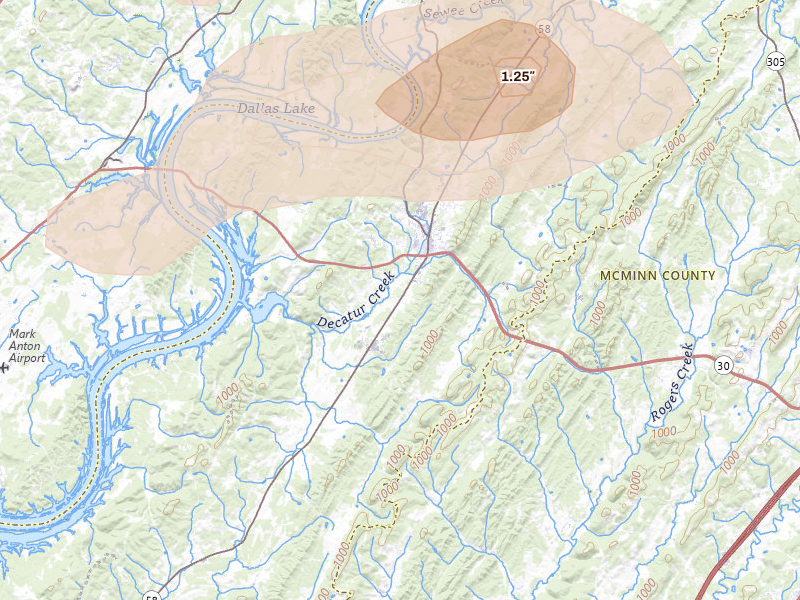 Radar-estimated hail-size map of the storm over Decatur, TN on Aug 20, 2026
