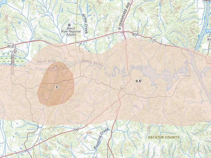Radar-estimated hail-size map of the storm over Decaturville, TN on Apr 27, 2026