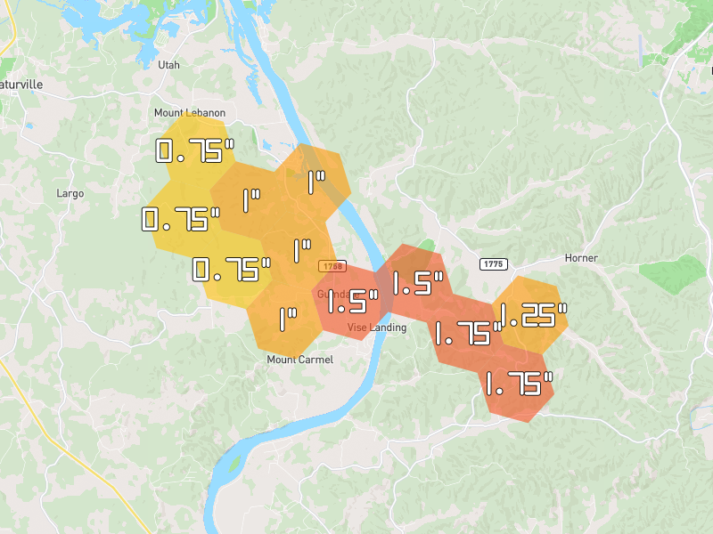 Hail map of Decaturville, TN on Jun 1, 2026, hail up to 1.75"