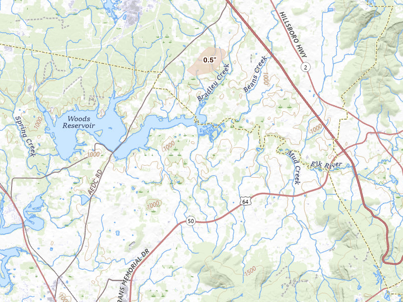 Radar-estimated hail-size map of the storm over Decherd, TN on Jul 2, 2026
