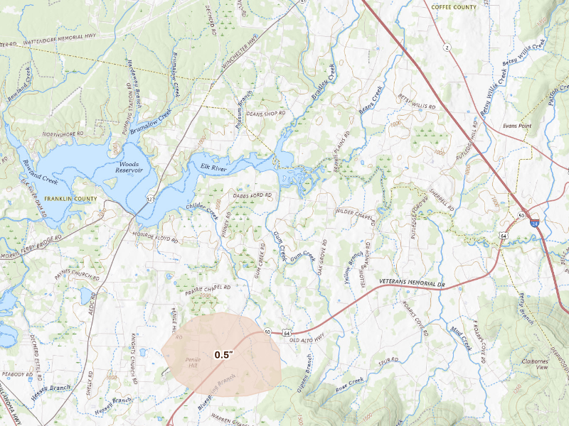 Radar-estimated hail-size map of the storm over Decherd, TN