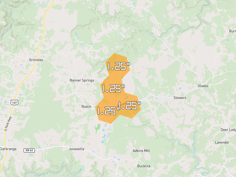 Hail map of Deer Lodge, TN on Jul 3, 2026, hail up to 1.25"