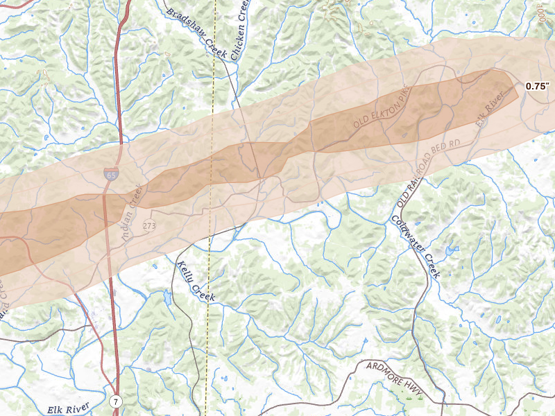 Radar-estimated hail-size map of the storm over Dellrose, TN on Feb 26, 2026