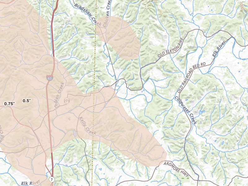 Radar-estimated hail-size map of the storm over Dellrose, TN on Jun 1, 2026