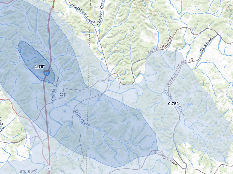 NEXRAD radar-signature map of the hail storm over Dellrose, TN on Jun 1, 2026