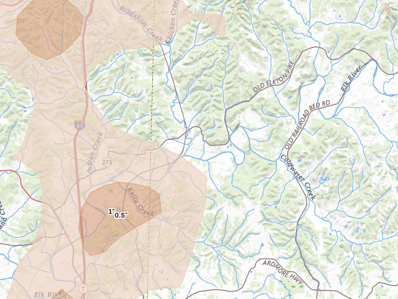 Radar-estimated hail-size map of the storm over Dellrose, TN on Jul 3, 2026