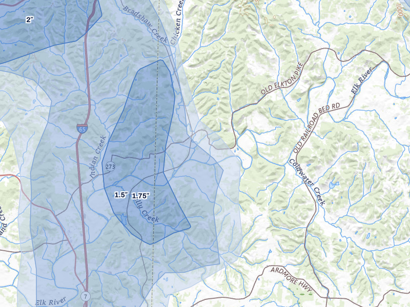 NEXRAD radar-signature map of the hail storm over Dellrose, TN on Jul 3, 2026