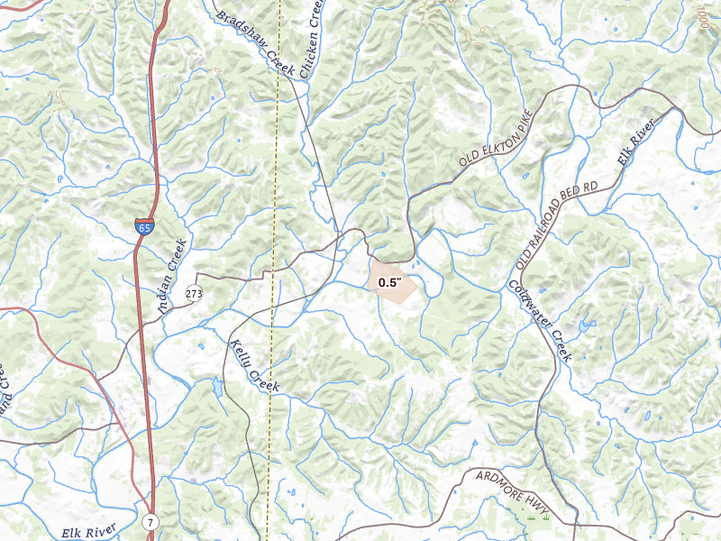 Radar-estimated hail-size map of the storm over Dellrose, TN on Jul 19, 2026
