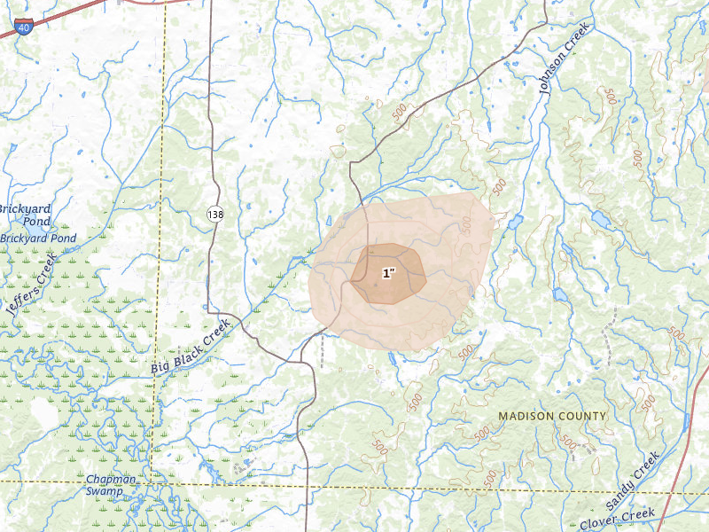 Radar-estimated hail-size map of the storm over Denmark, TN on Jul 9, 2026