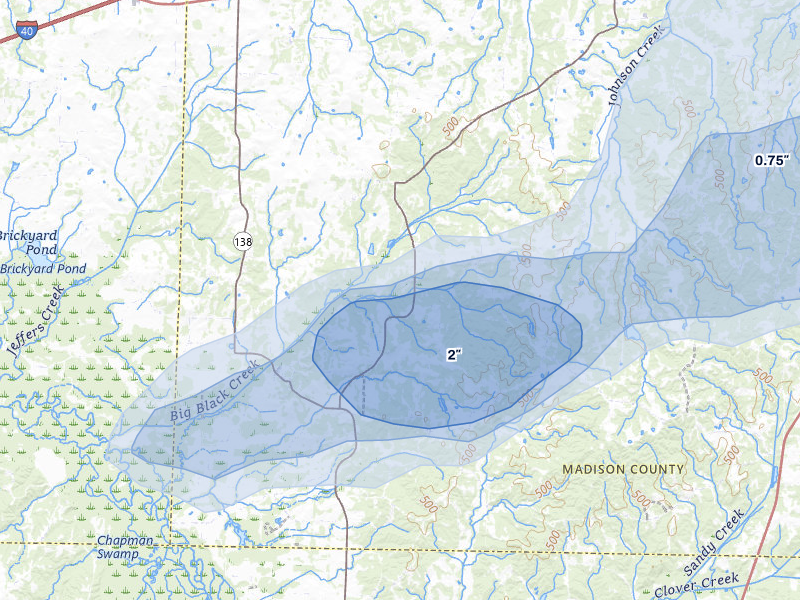 NEXRAD radar-signature map of the hail storm over Denmark, TN on Jul 9, 2026